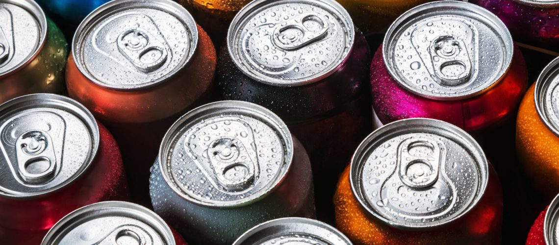 aluminum cans of soda background. the view from the top